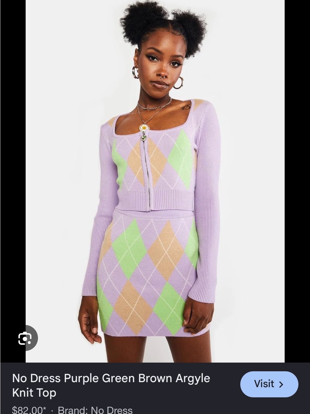 No Dress Purple Green Brown Argyle
Knit Top Mini Skirt with Green & Tan Diamonds